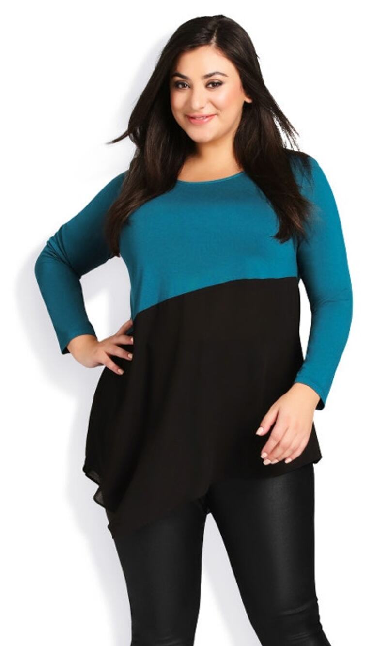 AVENUE Women's Teal/Black Colorblock Carla Asymmetrical Hem Top | SZ 30/32 NWT